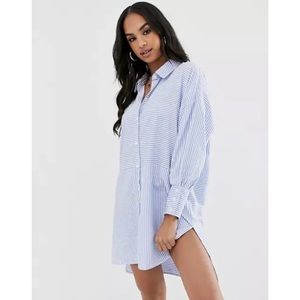 Missguided Blue White Stripe Oversized Button Up Shirt Dress